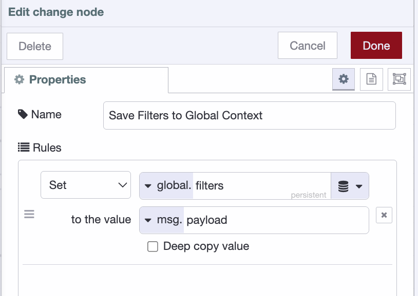 The Save Filters change node configured to set the global filters object to msg.payload